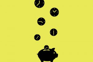 Time coins falling into piggy bank