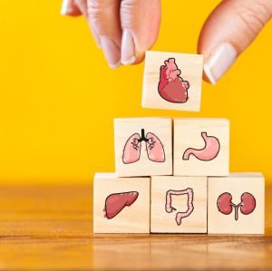 Yellow background with medical picture building blocks