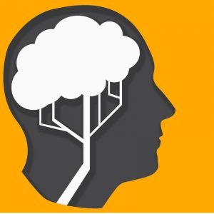 Orange background and face silhouette with thinking bubble