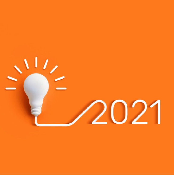Lightbulb and 2021 on orange background